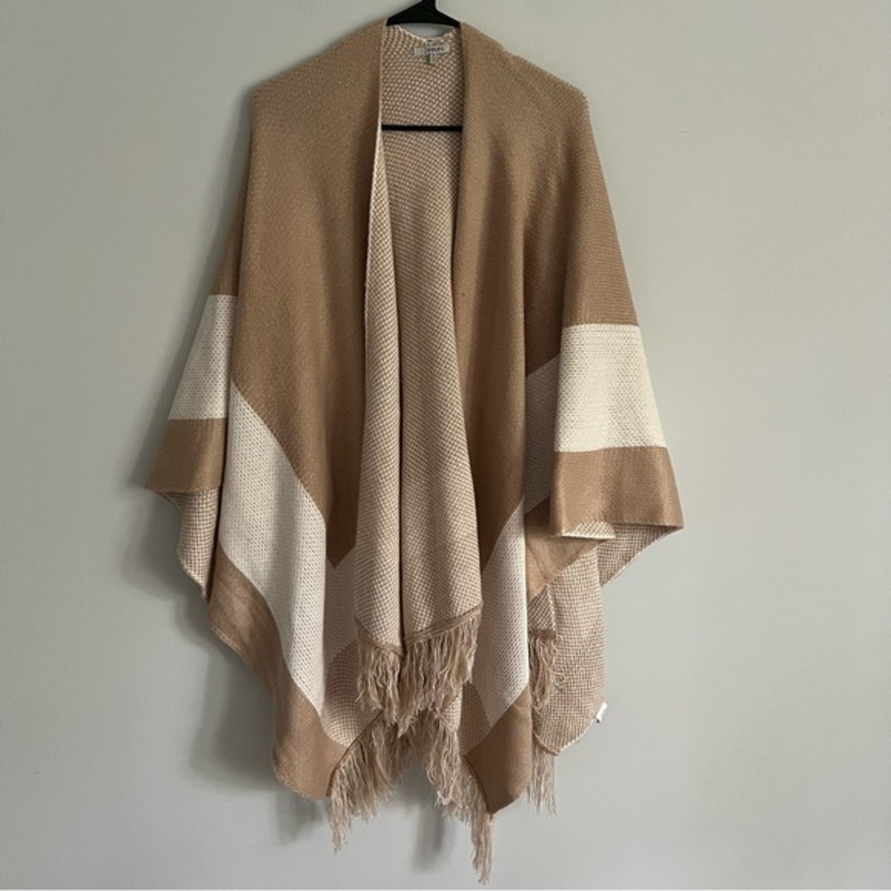 JODIFL Neutral Color Block Open Front Fringe Hem Poncho/Shawl